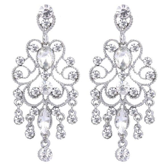 Silver with White Diamond Austrian Crystal Banquet Chandelier Post Back Earrings - Picture 1 of 5